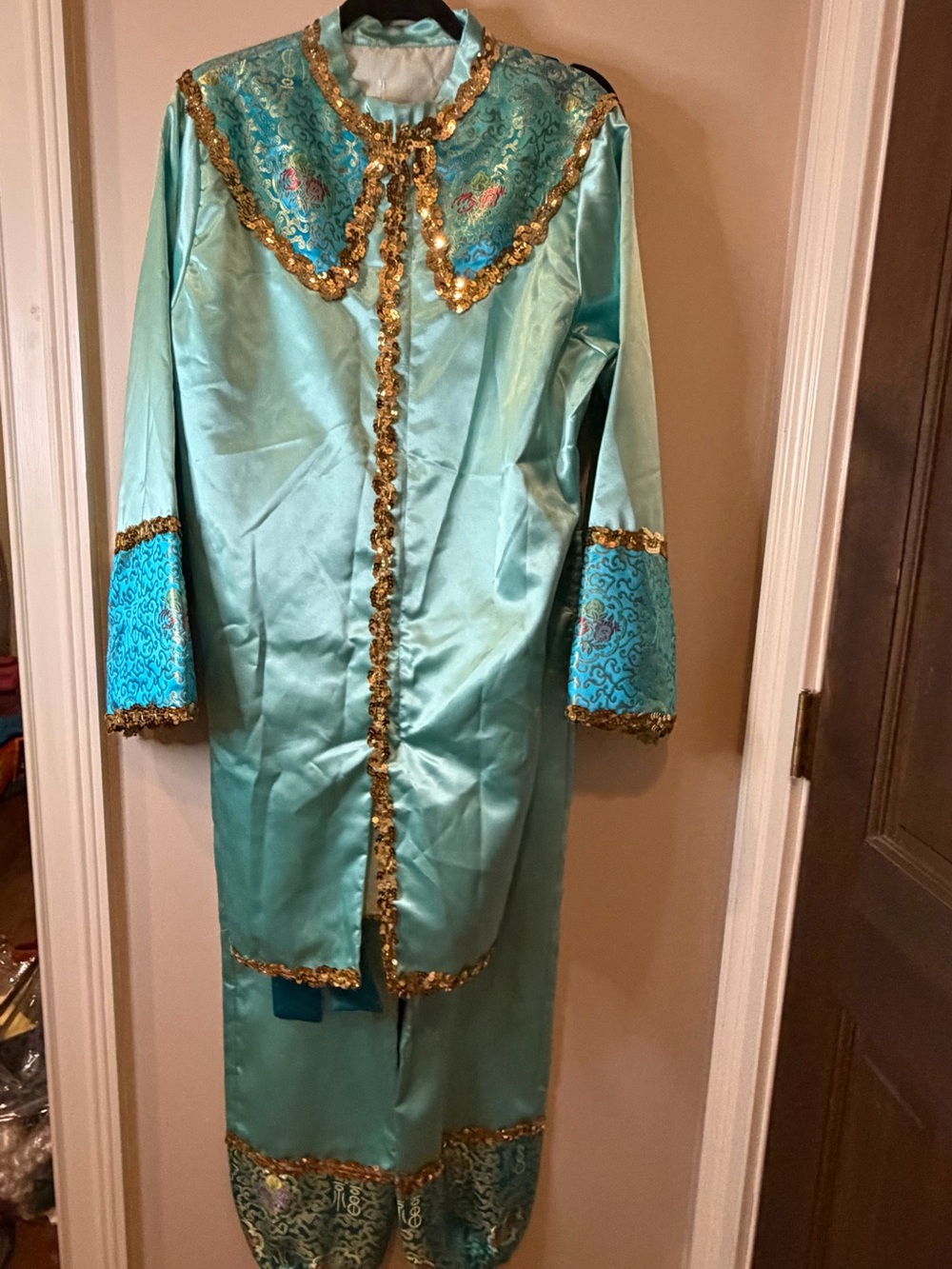 Vintage Mardi Gras Costume Turquoise Blue Brocade Gold Sequin Tunic Pants Set